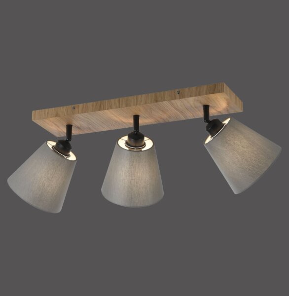 Deckenspot Stoff Holz E27 3-flmg beweglich Taupe Natur