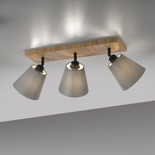 Deckenspot Stoff Holz E27 3-flmg beweglich Taupe Natur