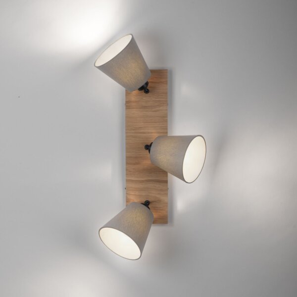 Deckenspot Stoff Holz E27 3-flmg beweglich Taupe Natur