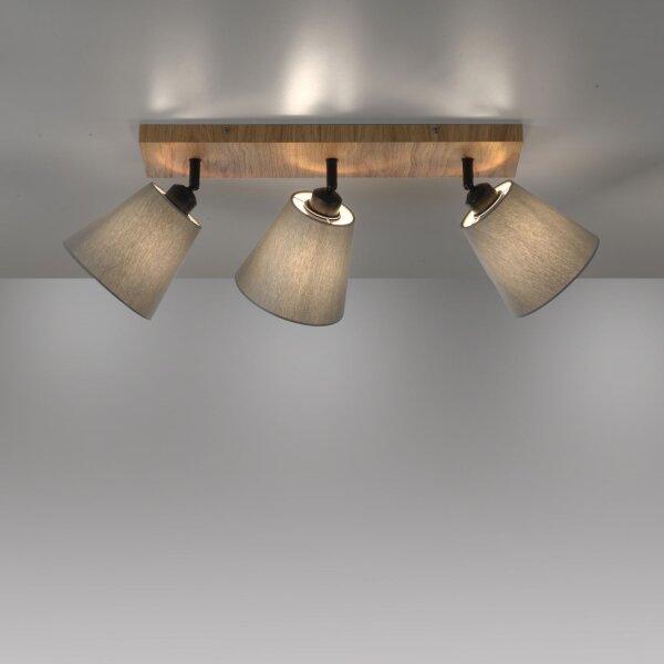 Deckenspot Stoff Holz E27 3-flmg beweglich Taupe Natur