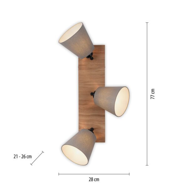 Deckenspot Stoff Holz E27 3-flmg beweglich Taupe Natur