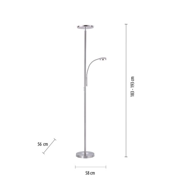 Dimmbarer LED Deckenfluter Stahl Touch 193 cm Lesearm