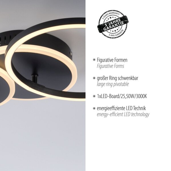 Lampe de plafonnier LED noir métal blanc chaud 26 W mobile