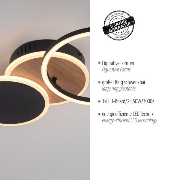 Lampe de plafonnier LED noir nature blanc chaud 26 W ajustable