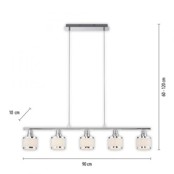 Suspension longue métal chrome 5 flammes E14 90 cm