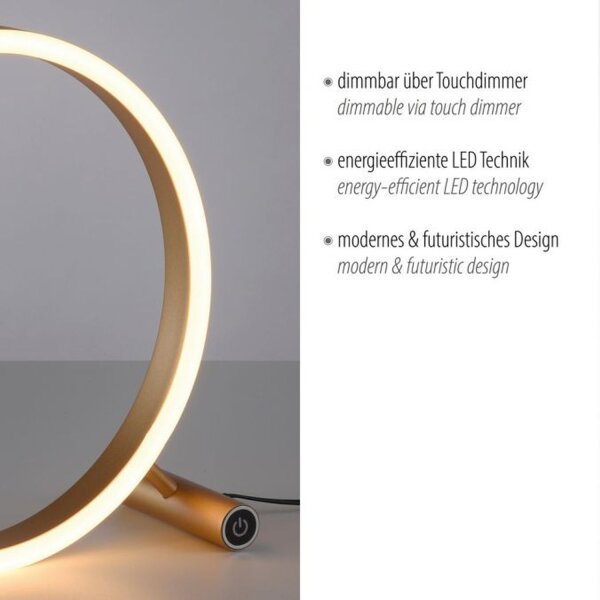 Dimmbare LED Tischlampe Touch 28 cm Ring in Messing