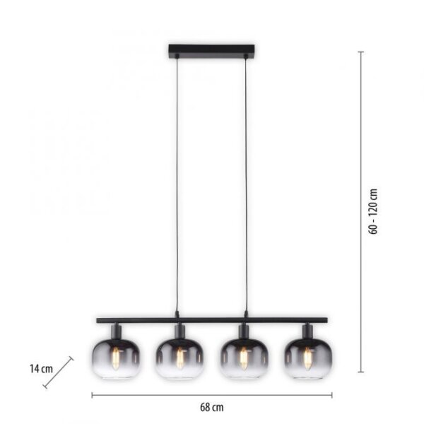 Suspension verre métal gris fumé noir E14 L:68 cm