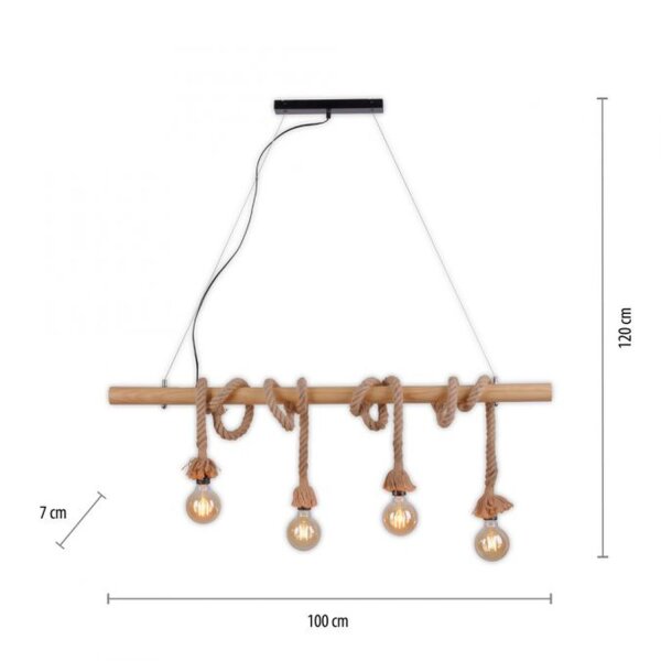 Suspension vintage poutre en bois corde E27 100 cm
