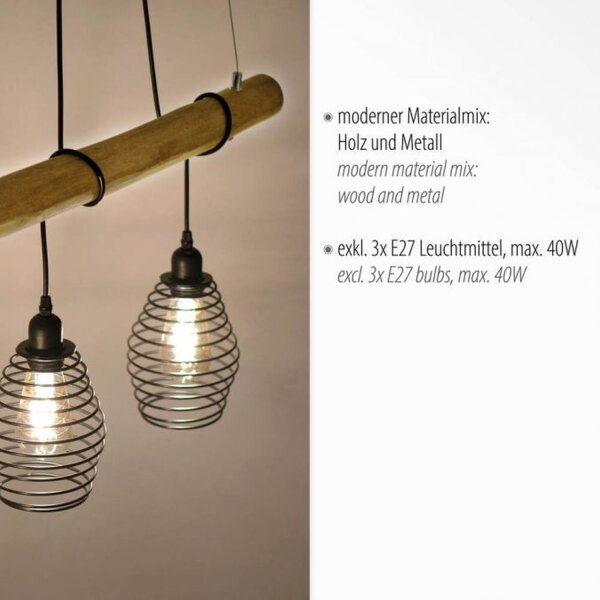 Wohnliche Pendelleuchte E27 90 cm Schwarz Natur Vintage