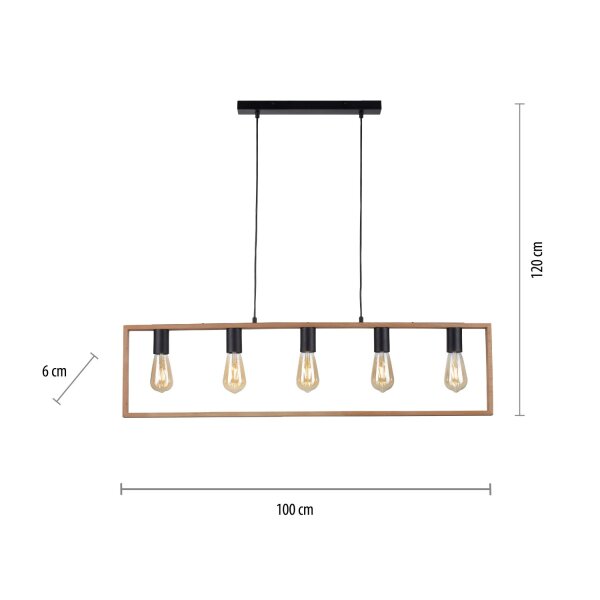 Natürliche Hängelampe Retro Holz Metall L:100 cm 5-flmg