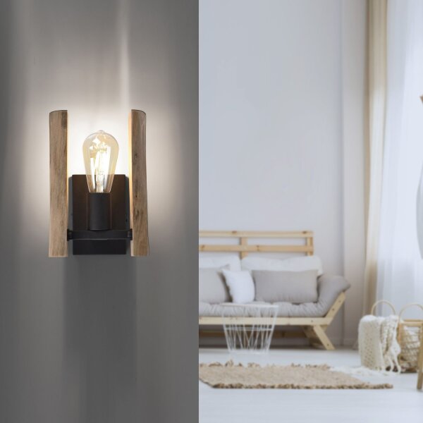 Wohnliche Wandlampe Vintage Holz Metall E27 H:25 cm