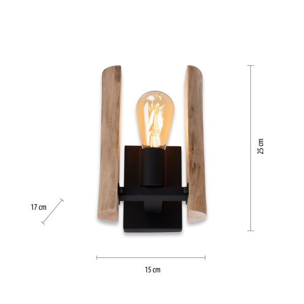 Wohnliche Wandlampe Vintage Holz Metall E27 H:25 cm