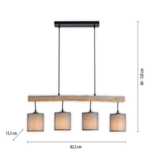 Lampe à suspendre pauvre en fleurs, poutre en bois, tissu 82,5 cm de long