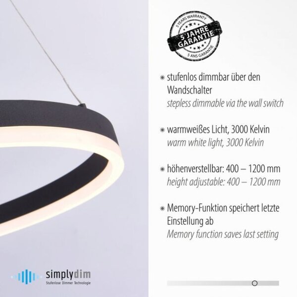Suspension LED Anthracite dimmable 3000 K Ø60 cm Anneau