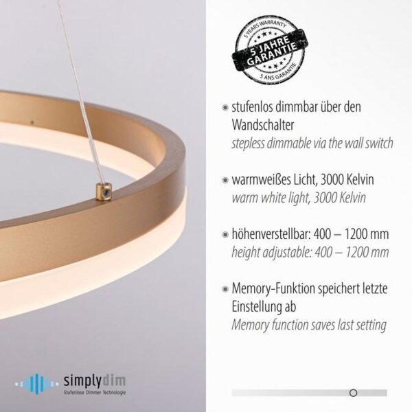 LED Pendelleuchte in Messing dimmbar 3000 K Ø60 cm Ring