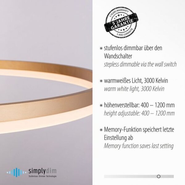 LED Pendelleuchte in Messing dimmbar 3000 K Ø80 cm Ring