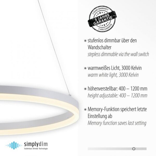 LED Pendelleuchte Weiß dimmbar 38 W 3000 K Ø60 cm Ring