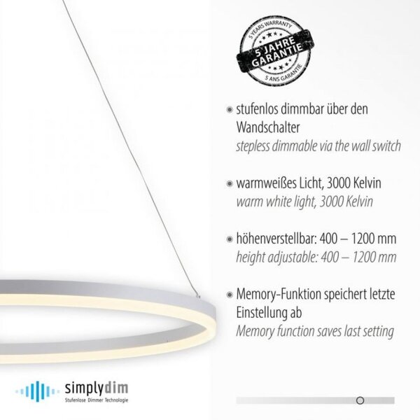 LED Pendelleuchte Weiß dimmbar 52 W 3000 K Ø80 cm Ring