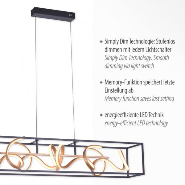 LED Hängelampe Schwarz Gold Metall L:110 cm dimmbar