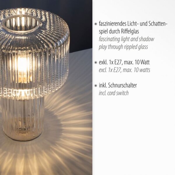 Dekorative Tischleuchte Riffelglas E27 35 cm Pilz rund