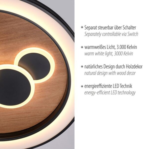 Lampe de plafonnier LED ronde bois noir interrupteur série 3000 K