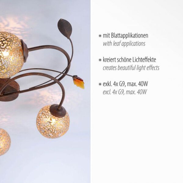 Landhaus Deckenleuchte G9 4-flammig Kugeln Gold Floral