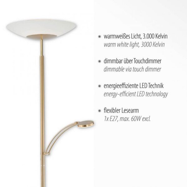 LED Stehleuchte mit Lesearm Messing Glas 181 cm 3900 lm