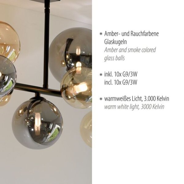 Lampe de plafonnier boules gris fumée ambre verre 85 cm G9