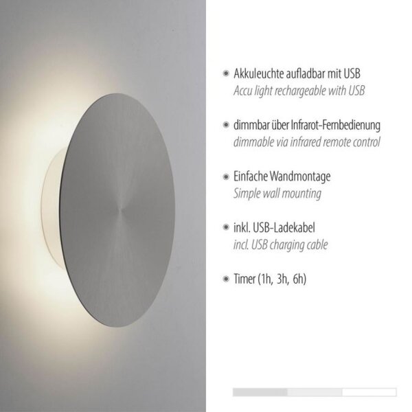 LED Akku Wandlampe Grau dimmbar Fernbedienung Timer 1 W