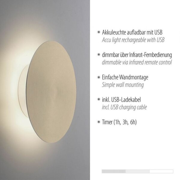 LED Akku Wandlampe in Messing dimmbar mit Fernbedienung