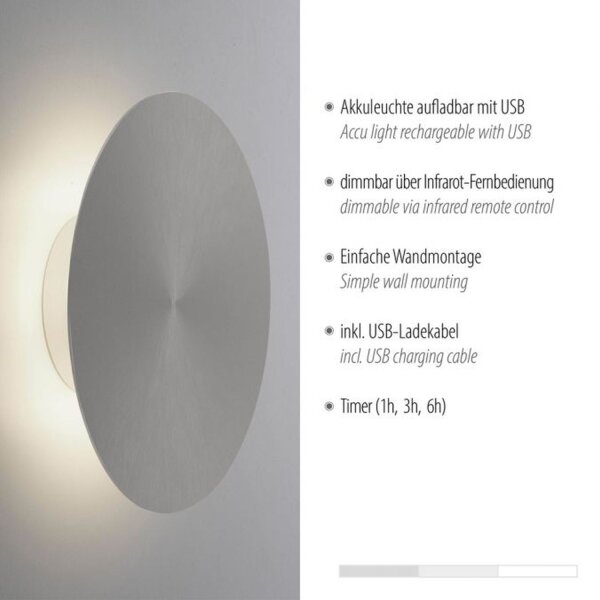 LED Akku Wandlampe Grau Ø25 cm dimmbar Fernbedienung