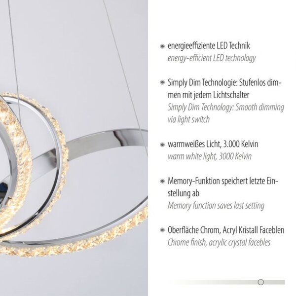LED Hängelampe in Chrom dimmbar 39 W L:94 cm elegant