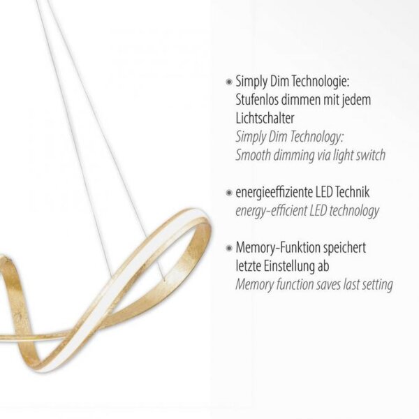 Geschwungene LED Pendelleuchte in Gold L:91 cm dimmbar