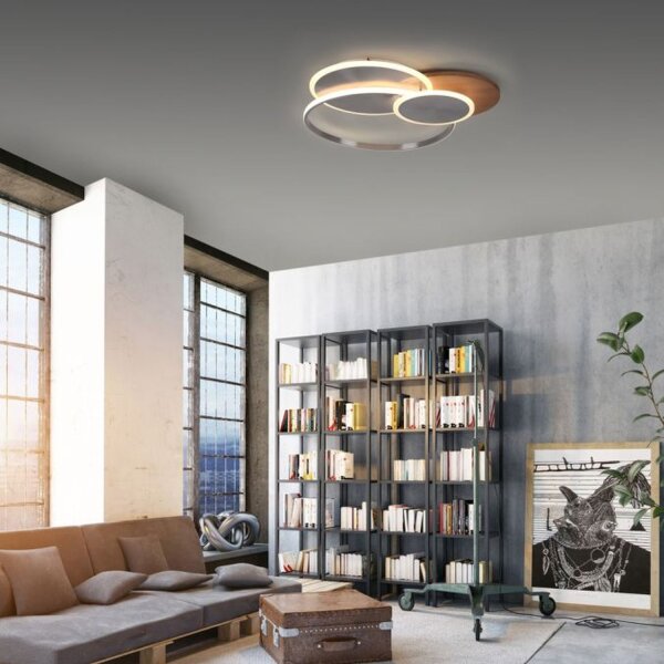 Stylische LED Deckenlampe Holz Ringe 6000 lm dimmbar