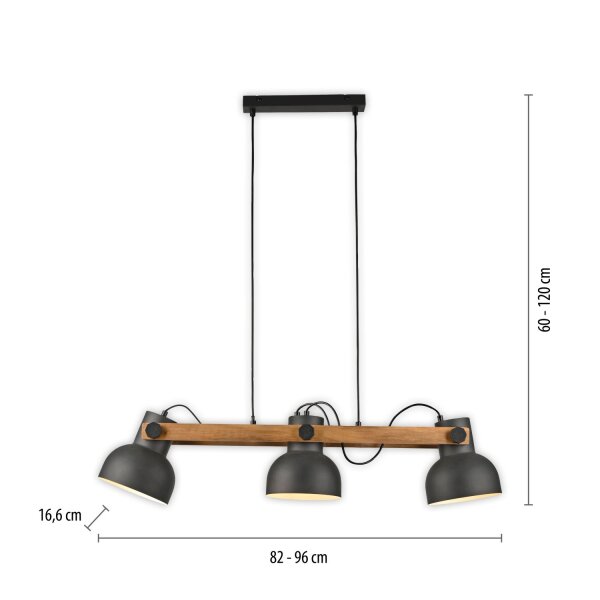 Pendelleuchte Holz Metall E27 96 cm 3-flammig flexibel