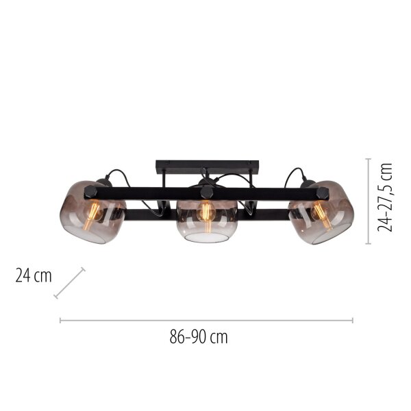 Deckenspot Glas Metall E27 90 cm 3-flammig schwenkbar
