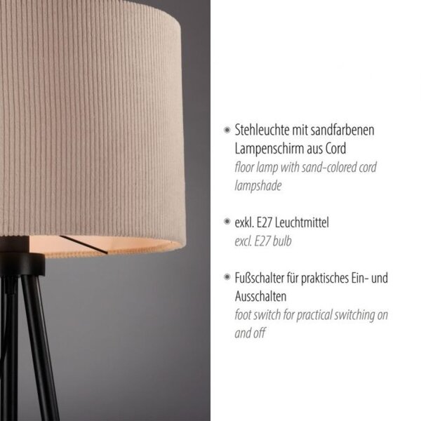 Lampadaire tripode Tissu Beige faible éblouissement E27 160 cm