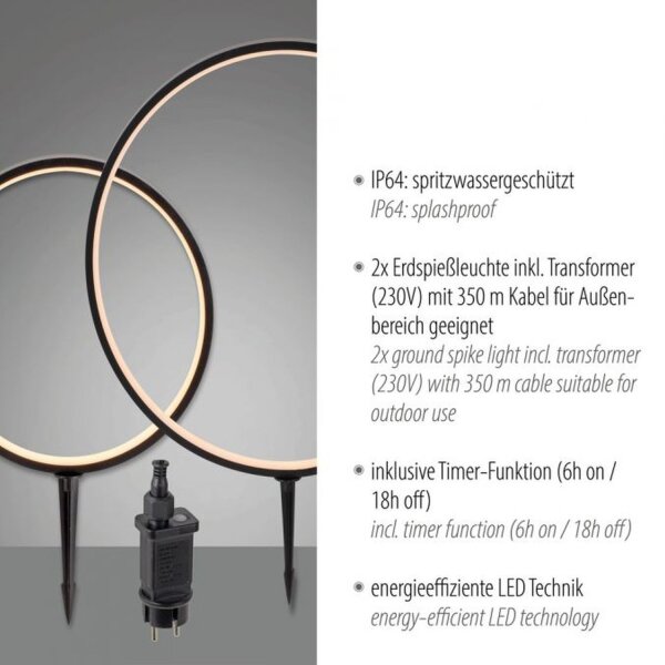 LED Wegeleuchte mit Erdspieß 2er Set 66 cm IP65 Schwarz