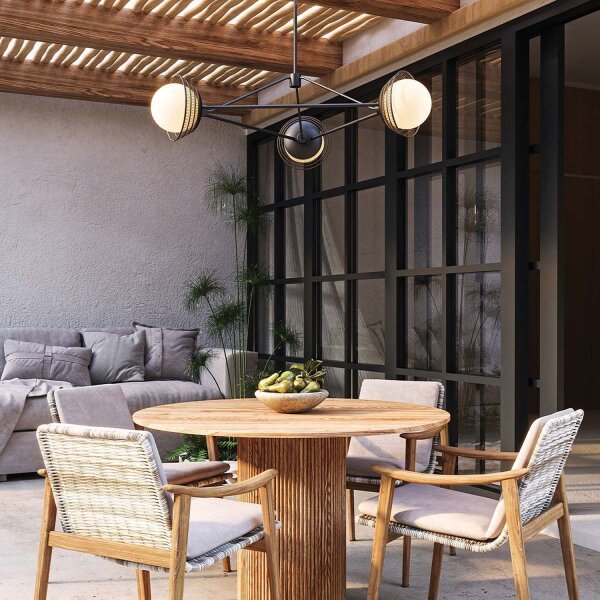 Pendelleuchte Metall Rattan Glas 101,4 cm breit 3x E14