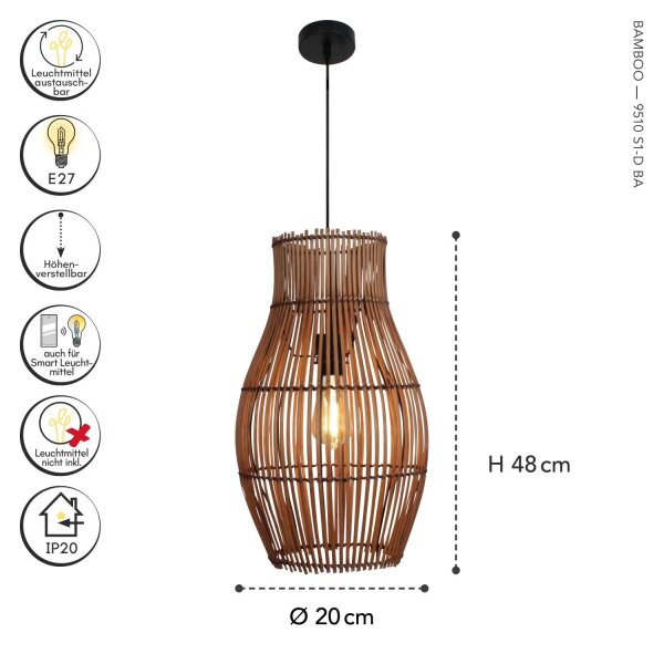 Pendelleuchte Boho Bambus Metall Schwarz E27 Ø30 cm