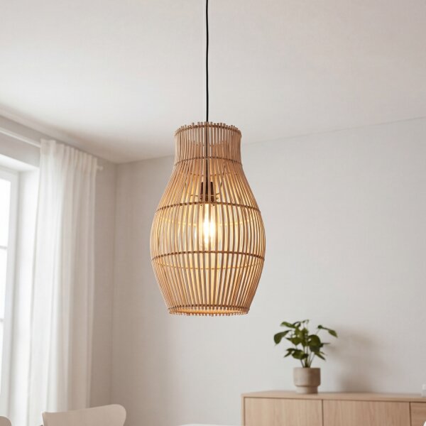 Hängelampe Boho Bambus Metall Schwarz E27 Ø30 cm rund