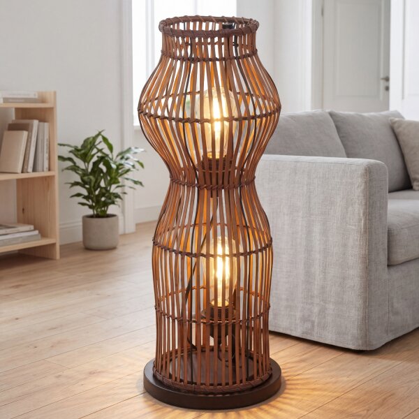 Boho Stehlampe Bambus Metall Schwarz E27 H:60 cm Modern