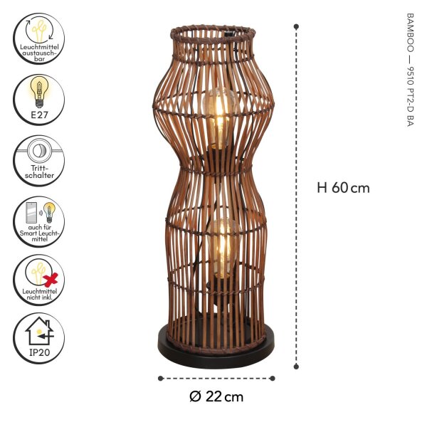 Boho Stehlampe Bambus Metall Schwarz E27 H:60 cm Modern