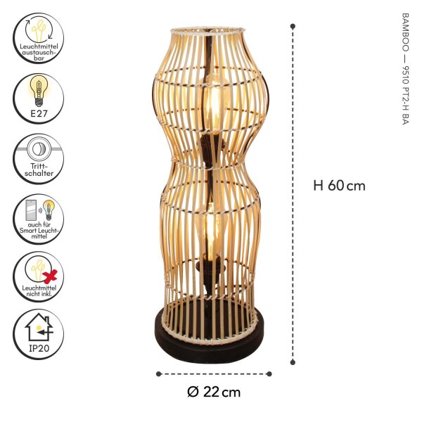 Lampadaire moderne en bambou naturel noir E27 60 cm 2-flmg