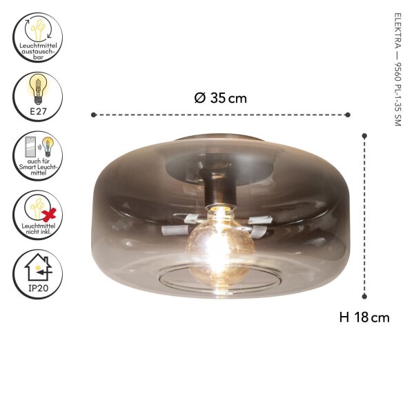 Petite lampe de plafonnier en verre fumé rond Ø 35 cm E27 anti-éblouissement