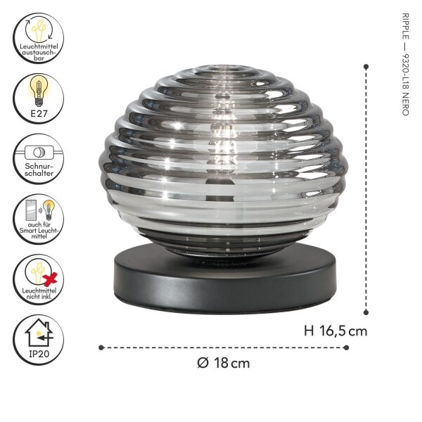 Tischlampe Rauchglas Metall Schwarz E27 16,5 cm Ø18 cm