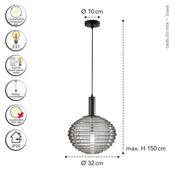 Hängelampe Glas Rauchgrau Metall Ø32 cm E27 Schwarz