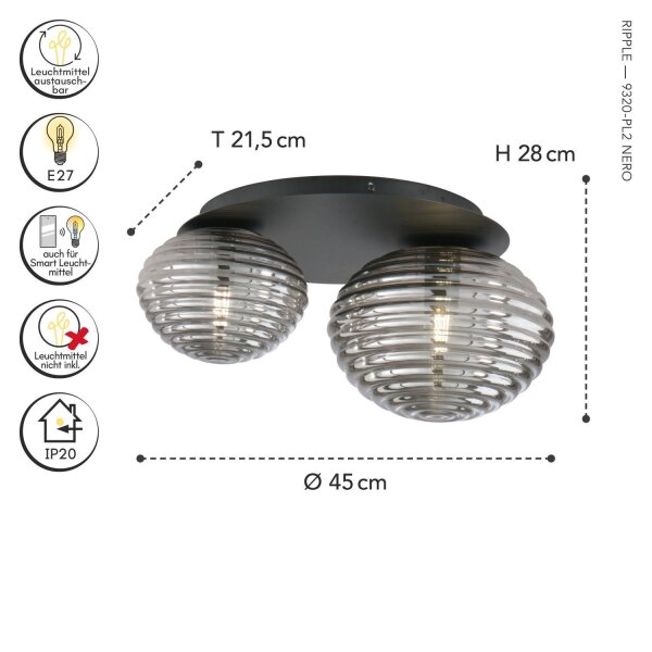 Deckenlampe Rauchglas Metall Schwarz E27 45 cm blendarm