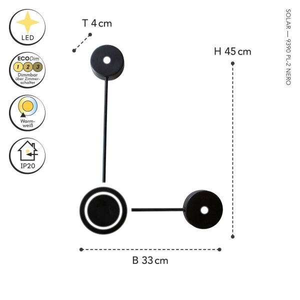 Applique LED aluminium dimmable H:44 cm 3000 K noir