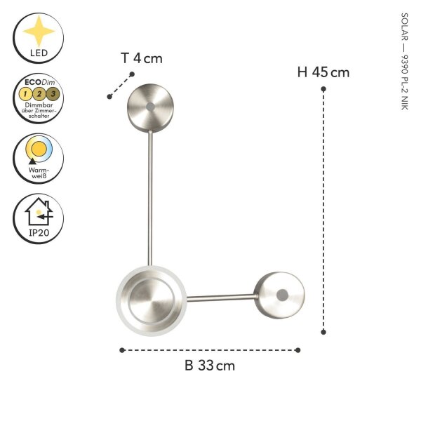 LED Wandlampe indirekt dimmbar in Nickel B:33 cm 3000K